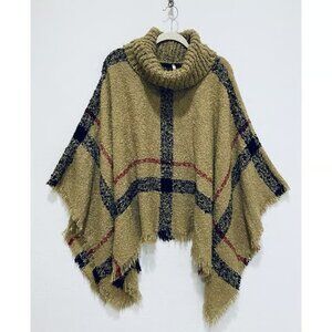 Mixit Sweater Poncho Womens One Size Beige Plaid Frayed Turtleneck Fringe Boho